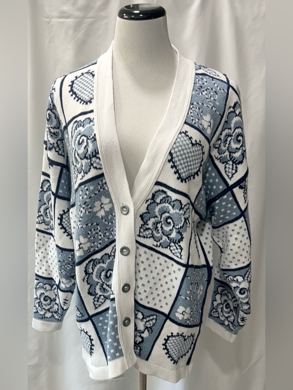 Crazy Horse Blue White Floral Patchwork Button Cardigan Sweater Womens Large VTG